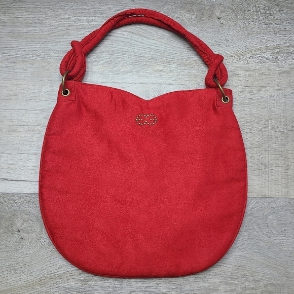 VINTAGE Escada Red Velvet Bronze Logo Sweetheart Knotted Strap Handbag - Picture 1 of 11